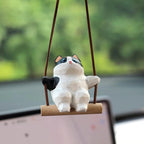 Japanese Style Black & White Cat Swing Hanging Ornament, Hand Carved Wooden Cute Cat Charm, Rearview Mirror Decor, Car Hanging Gift