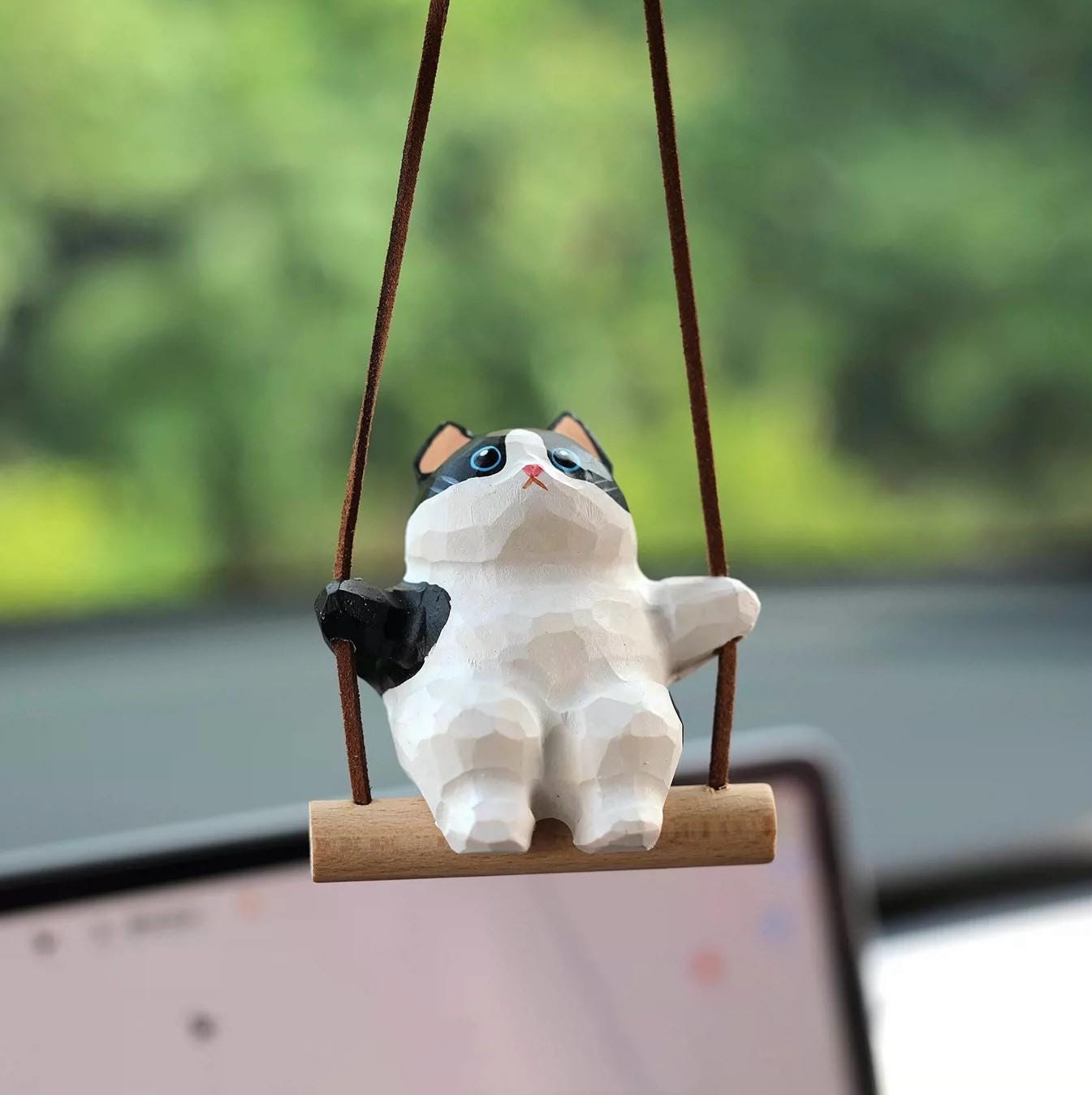 Japanese Style Black & White Cat Swing Hanging Ornament, Hand Carved Wooden Cute Cat Charm, Rearview Mirror Decor, Car Hanging Gift