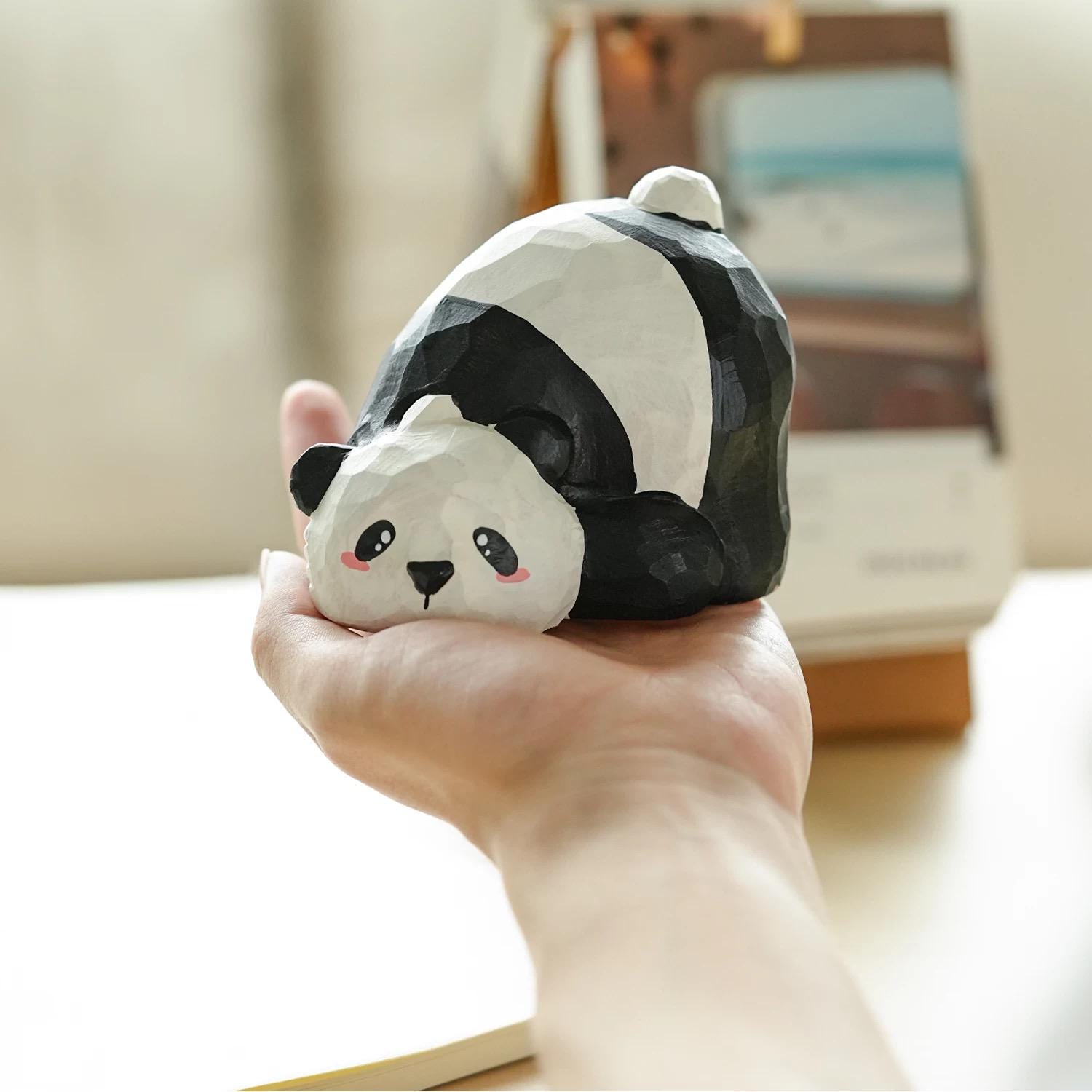 Japanese Style Panda Wooden Figurine, Hand Carved Cute Panda Ornament, Mini Desk Decor, Animal Sculpture, Gift for Panda Lovers