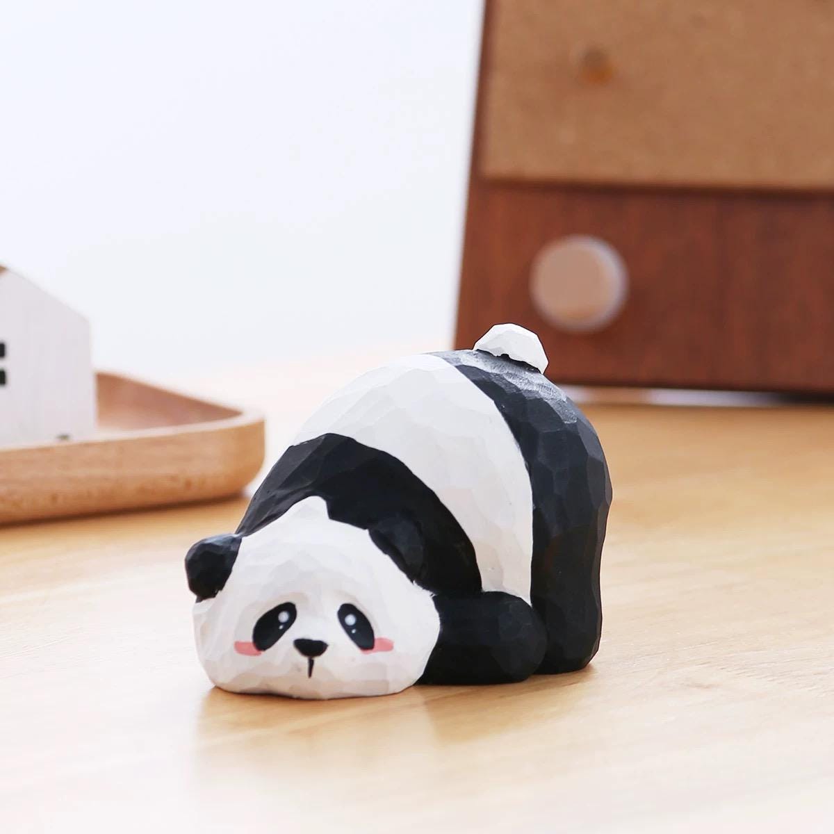 Japanese Style Panda Wooden Figurine, Hand Carved Cute Panda Ornament, Mini Desk Decor, Animal Sculpture, Gift for Panda Lovers