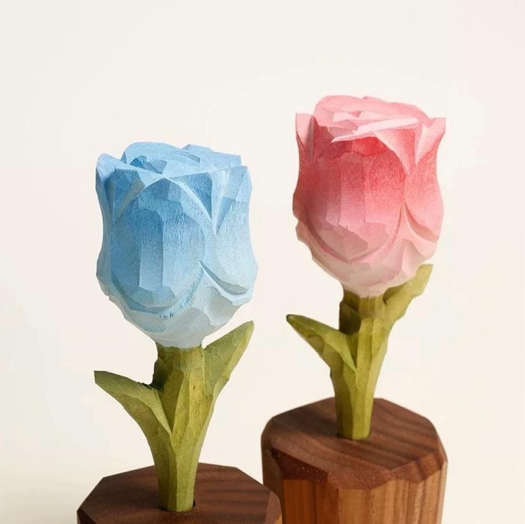 Japanese Style Wooden Rose Figurine, Hand Carved Rose Flower Ornament, Romantic Desk Decor, Cute Couple Gift, Handmade Wooden Sculpture