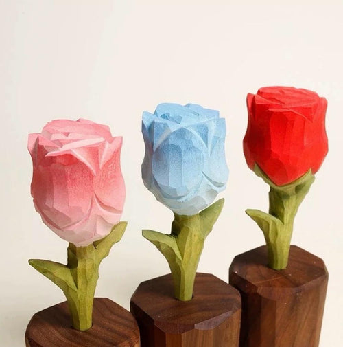 Japanese Style Wooden Rose Figurine, Hand Carved Rose Flower Ornament, Romantic Desk Decor, Cute Couple Gift, Handmade Wooden Sculpture