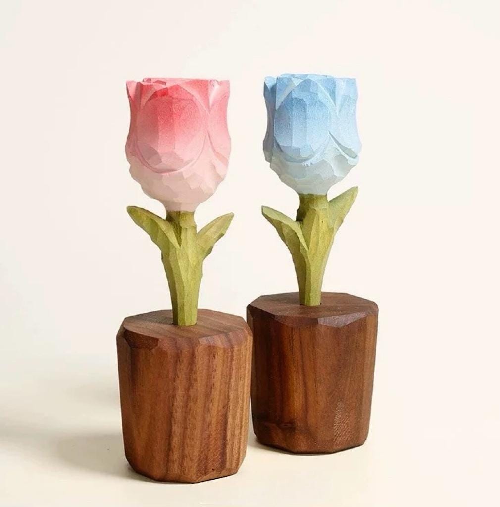 Japanese Style Wooden Rose Figurine, Hand Carved Rose Flower Ornament, Romantic Desk Decor, Cute Couple Gift, Handmade Wooden Sculpture