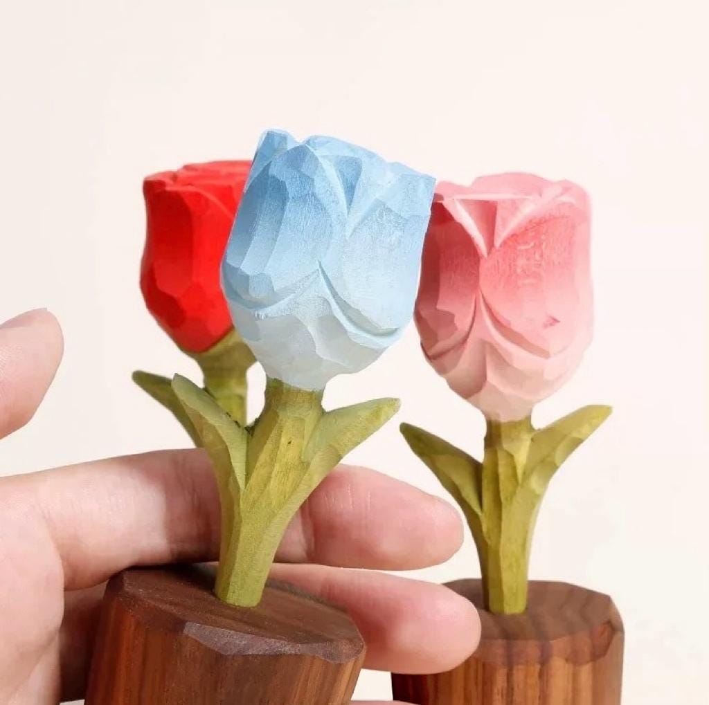 Japanese Style Wooden Rose Figurine, Hand Carved Rose Flower Ornament, Romantic Desk Decor, Cute Couple Gift, Handmade Wooden Sculpture