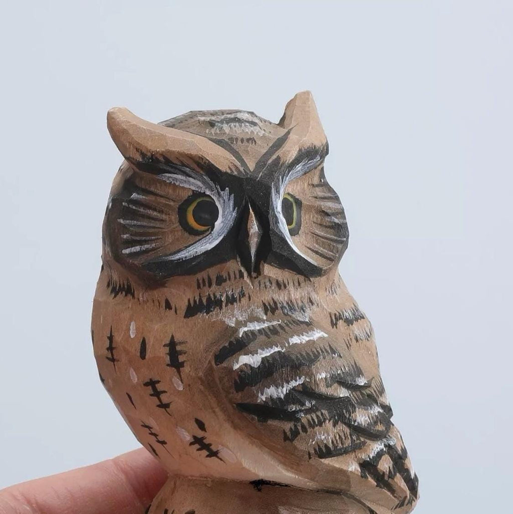 Hand Carved Wooden Owl Figurine, Hand Painted Owl Sculpture, Small Wood Animal Desk Decor, Rustic Woodland Ornament, Unique Handmade Gift