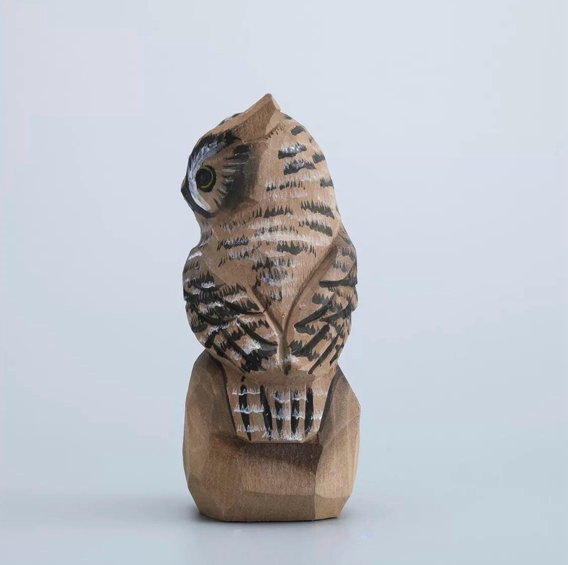 Hand Carved Wooden Owl Figurine, Hand Painted Owl Sculpture, Small Wood Animal Desk Decor, Rustic Woodland Ornament, Unique Handmade Gift