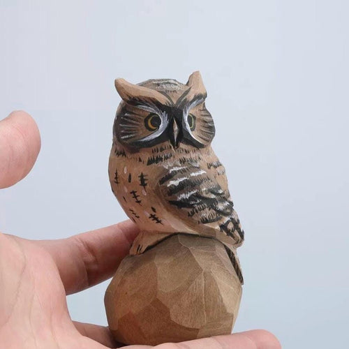 Hand Carved Wooden Owl Figurine, Hand Painted Owl Sculpture, Small Wood Animal Desk Decor, Rustic Woodland Ornament, Unique Handmade Gift