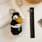 Cute Wool Felt Sheep Keychain, Handmade Lamb Bag Charm, Black Sheep Holding Flower Pendant, Kawaii Animal Hanging Ornament, Lucky Gift