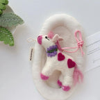 Cute Pink Horse Wool Felt Keychain, Handmade Pony Bag Charm, Heart Pattern Animal Hanging Ornament, Kawaii Horse Pendant, Lucky Gift