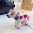 Cute Pink Horse Wool Felt Keychain, Handmade Pony Bag Charm, Heart Pattern Animal Hanging Ornament, Kawaii Horse Pendant, Lucky Gift
