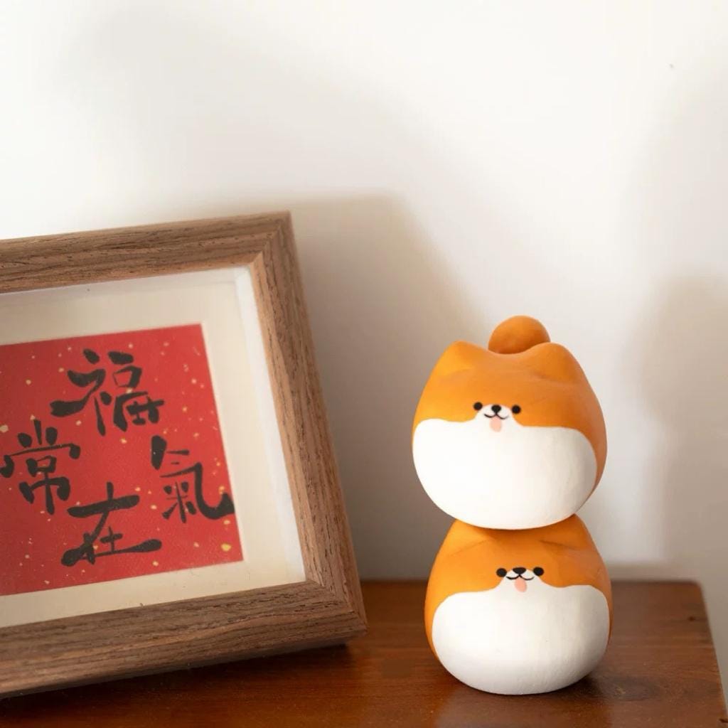 Japanese Style Wooden Shiba Inu Figurine Set, Hand Carved Round Shiba Dog Ornament, Cute Desk Decor, Linden Wood Sculpture, Gift