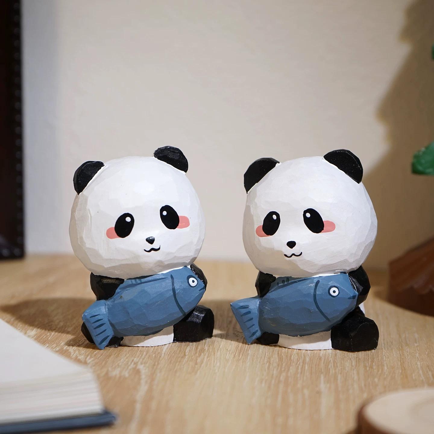 Japanese Style Wooden Panda Figurine, Hand Carved Panda with Fish Ornament, Cute Desk Decor, Linden Wood Animal Sculpture, Lucky Panda Gift