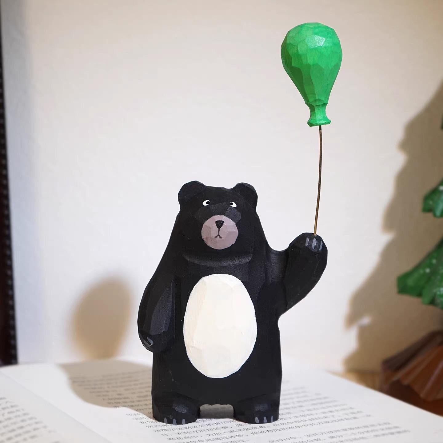 Japanese Style Wooden Black Bear Figurine, Hand Carved Bear with Green Balloon Ornament, Cute Desk Decor, Wood Animal Sculpture, Lucky Gift