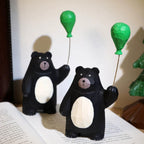 Japanese Style Wooden Black Bear Figurine, Hand Carved Bear with Green Balloon Ornament, Cute Desk Decor, Wood Animal Sculpture, Lucky Gift