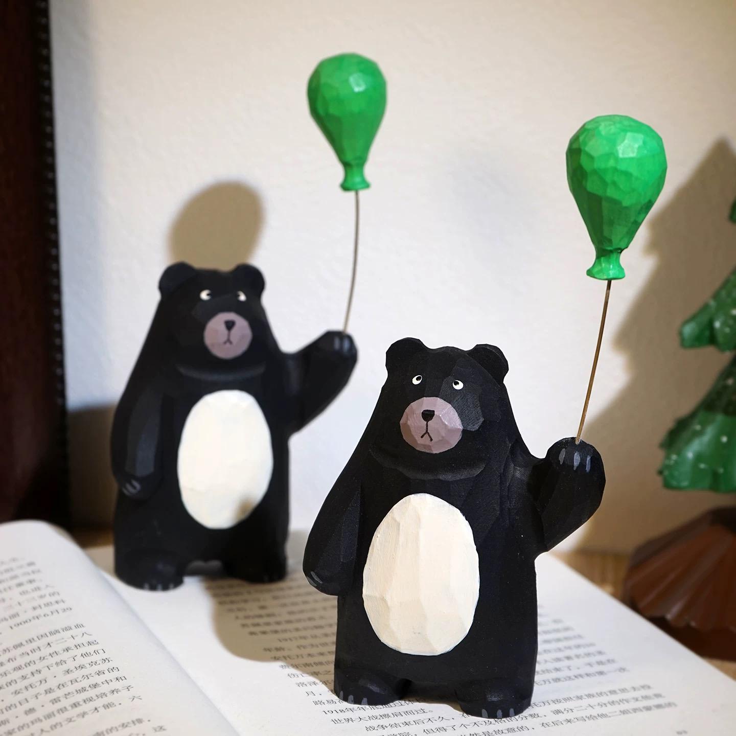 Japanese Style Wooden Black Bear Figurine, Hand Carved Bear with Green Balloon Ornament, Cute Desk Decor, Wood Animal Sculpture, Lucky Gift