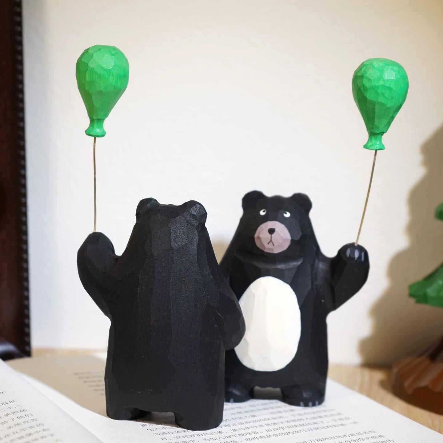 Japanese Style Wooden Black Bear Figurine, Hand Carved Bear with Green Balloon Ornament, Cute Desk Decor, Wood Animal Sculpture, Lucky Gift