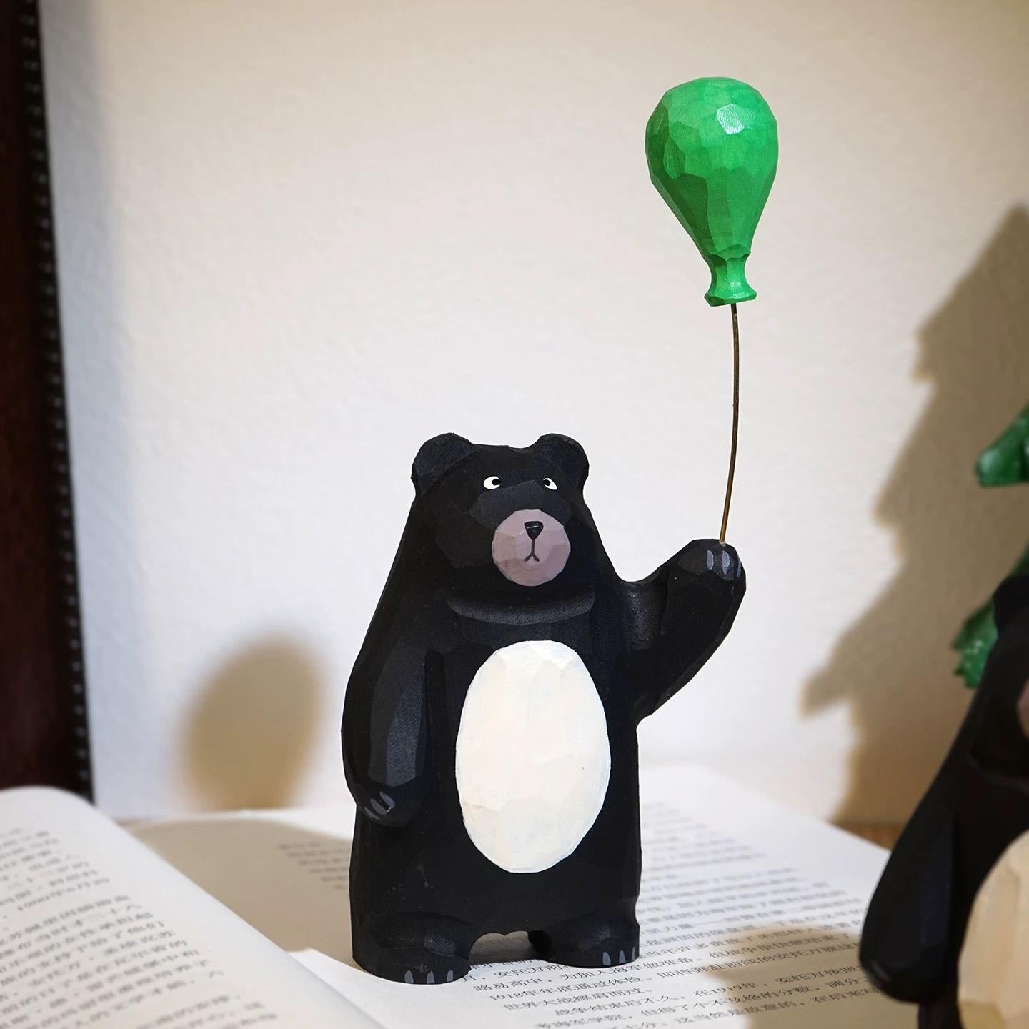 Japanese Style Wooden Black Bear Figurine, Hand Carved Bear with Green Balloon Ornament, Cute Desk Decor, Wood Animal Sculpture, Lucky Gift