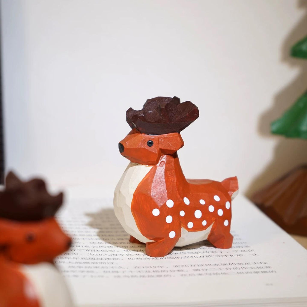 Japanese Style Wooden Fawn Figurine, Hand Carved Deer Ornament, Cute Animal Desk Decor, Linden Wood Sculpture, Lucky Woodland Gift