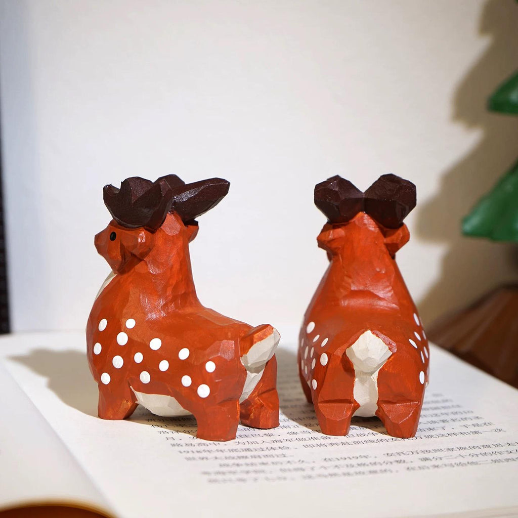 Japanese Style Wooden Fawn Figurine, Hand Carved Deer Ornament, Cute Animal Desk Decor, Linden Wood Sculpture, Lucky Woodland Gift