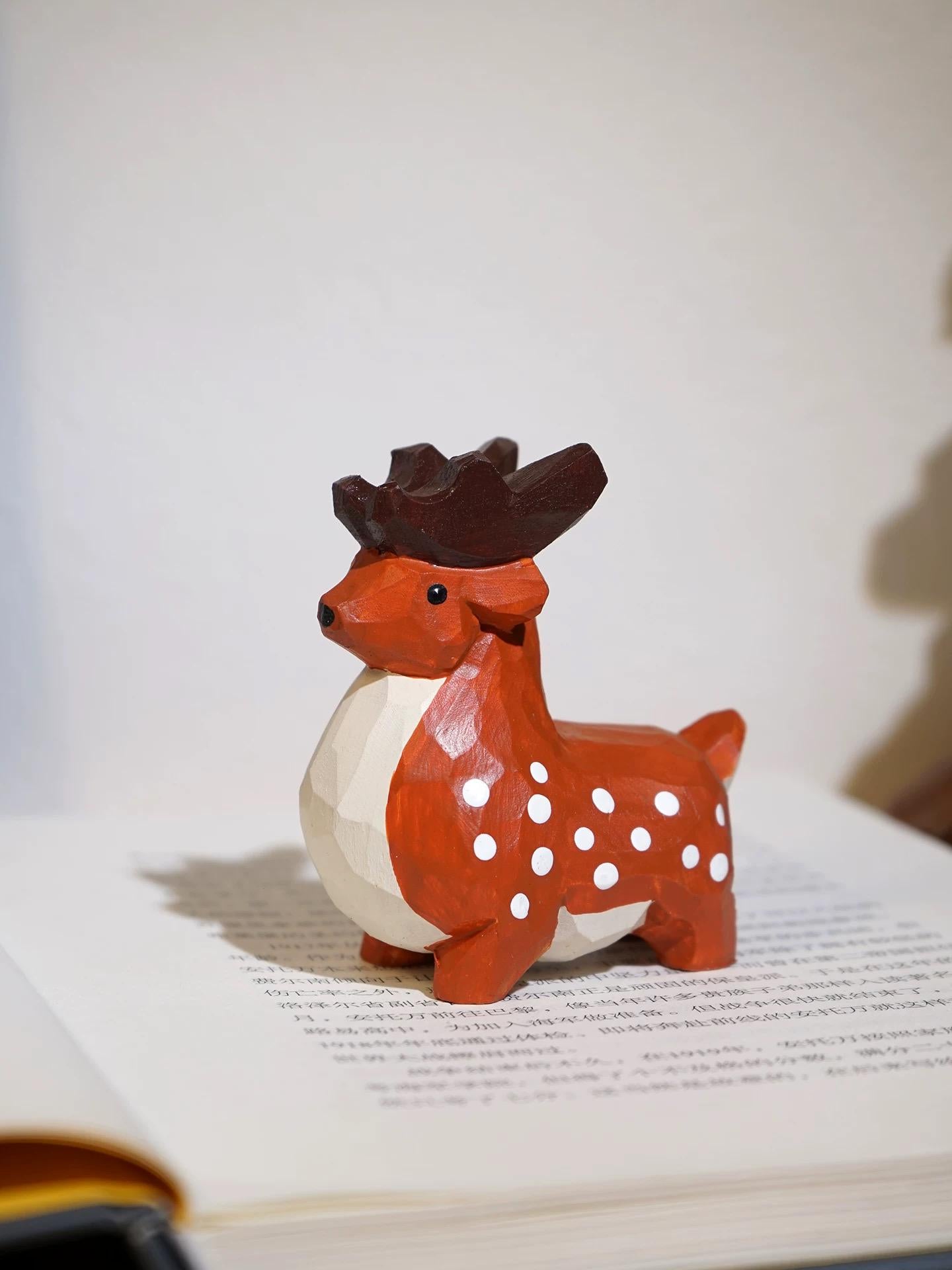 Japanese Style Wooden Fawn Figurine, Hand Carved Deer Ornament, Cute Animal Desk Decor, Linden Wood Sculpture, Lucky Woodland Gift