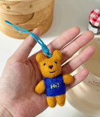 Cute Wool Felt Bear Keychain, Handmade Blue Sweater Bear Bag Charm, Kawaii Animal Hanging Ornament, “Hi” Bear Pendant, Lucky Gift