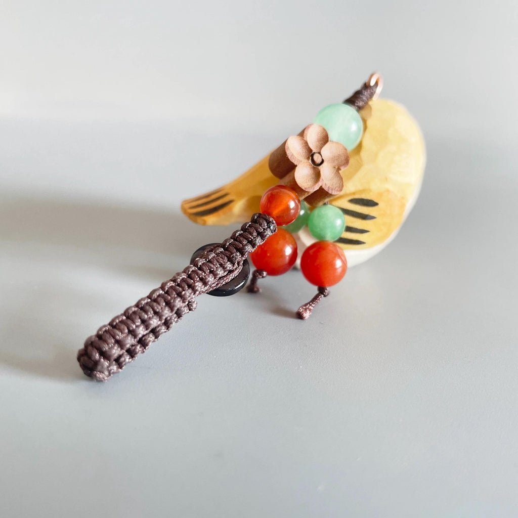 Japanese Style Wooden Yellow Sparrow Pendant, Hand Carved Bird Hanging Ornament, Lucky Bird Keychain, Bag Charm, Handmade Woodland Gift