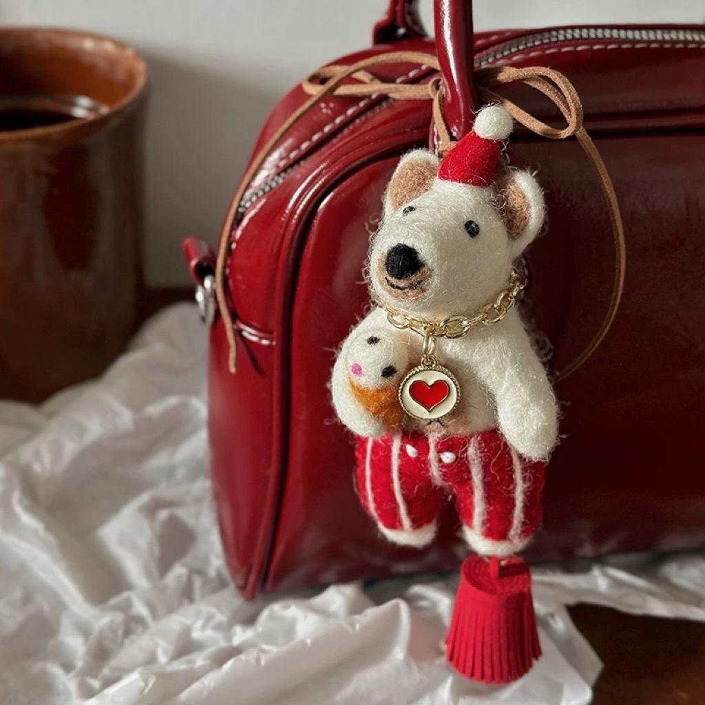 Japanese Style Wool Felt Bear Keychain, Handmade Vintage Bear Bag Charm, Cute Animal Hanging Ornament, Lucky Bear Pendant, Gift for Her