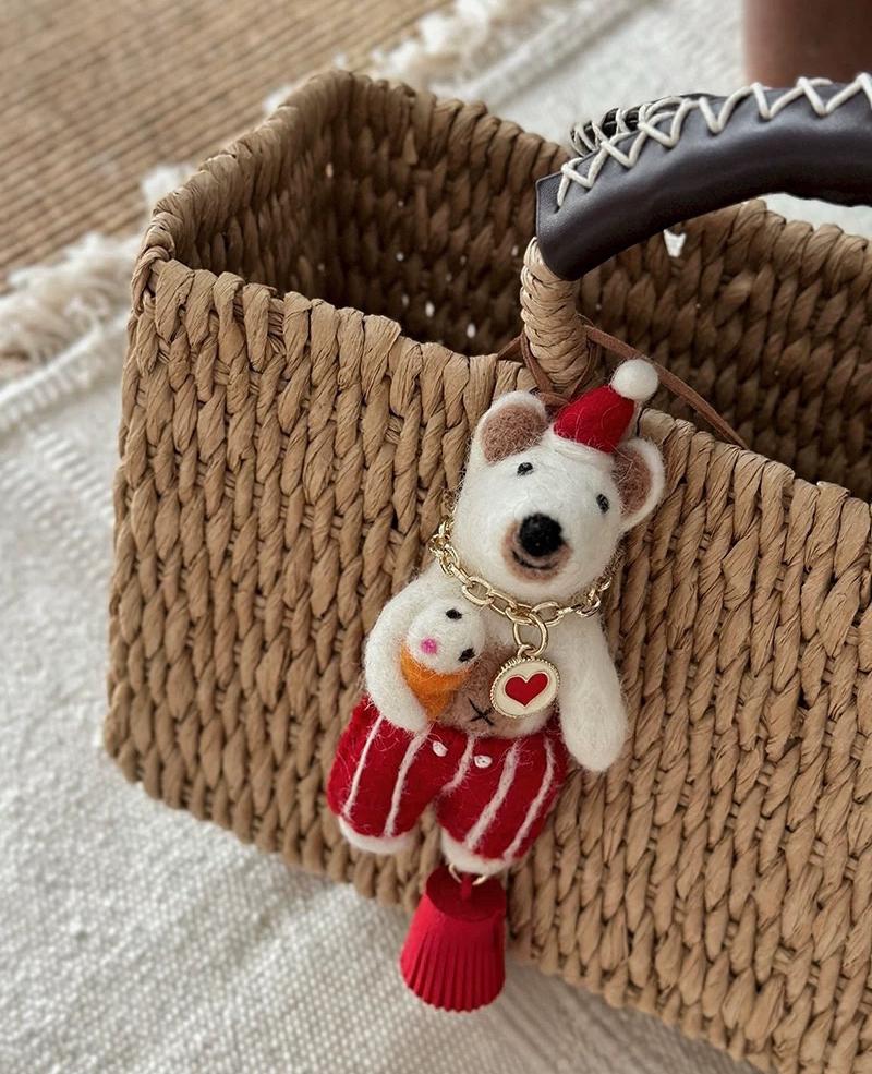 Japanese Style Wool Felt Bear Keychain, Handmade Vintage Bear Bag Charm, Cute Animal Hanging Ornament, Lucky Bear Pendant, Gift for Her