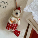 Japanese Style Wool Felt Bear Keychain, Handmade Vintage Bear Bag Charm, Cute Animal Hanging Ornament, Lucky Bear Pendant, Gift for Her