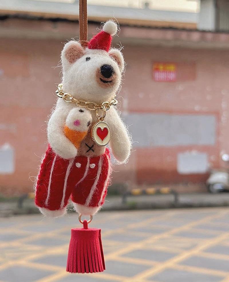 Japanese Style Wool Felt Bear Keychain, Handmade Vintage Bear Bag Charm, Cute Animal Hanging Ornament, Lucky Bear Pendant, Gift for Her
