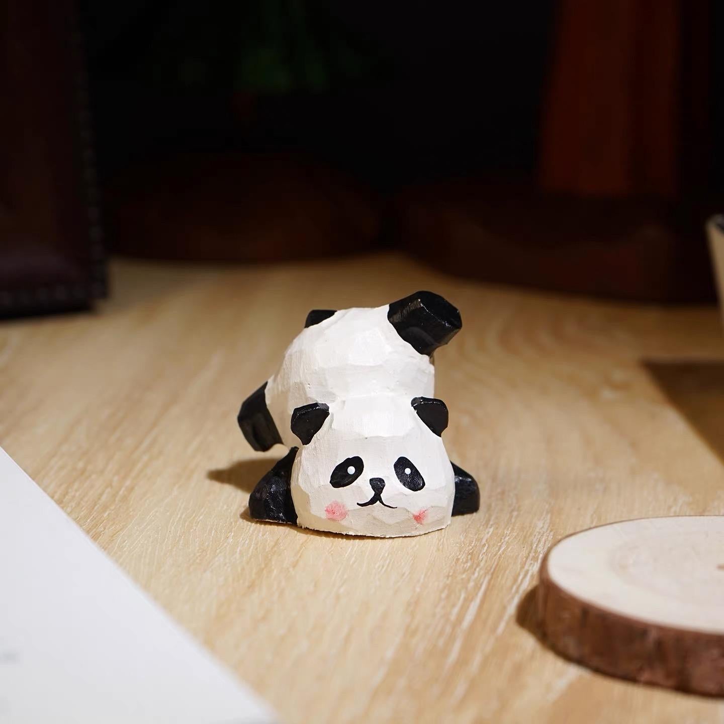 Japanese Style Wooden Upside-Down Panda Figurine, Hand Carved Panda Desk Decor, Cute Animal Sculpture, Linden Wood Ornament, Lucky Gift