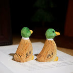 Japanese Style Wooden Duck Figurine, Hand Carved Green Head Duck Ornament, Linden Wood Bird Sculpture, Cute Desk Decor, Lucky Animal Gift