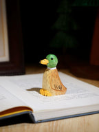 Japanese Style Wooden Duck Figurine, Hand Carved Green Head Duck Ornament, Linden Wood Bird Sculpture, Cute Desk Decor, Lucky Animal Gift