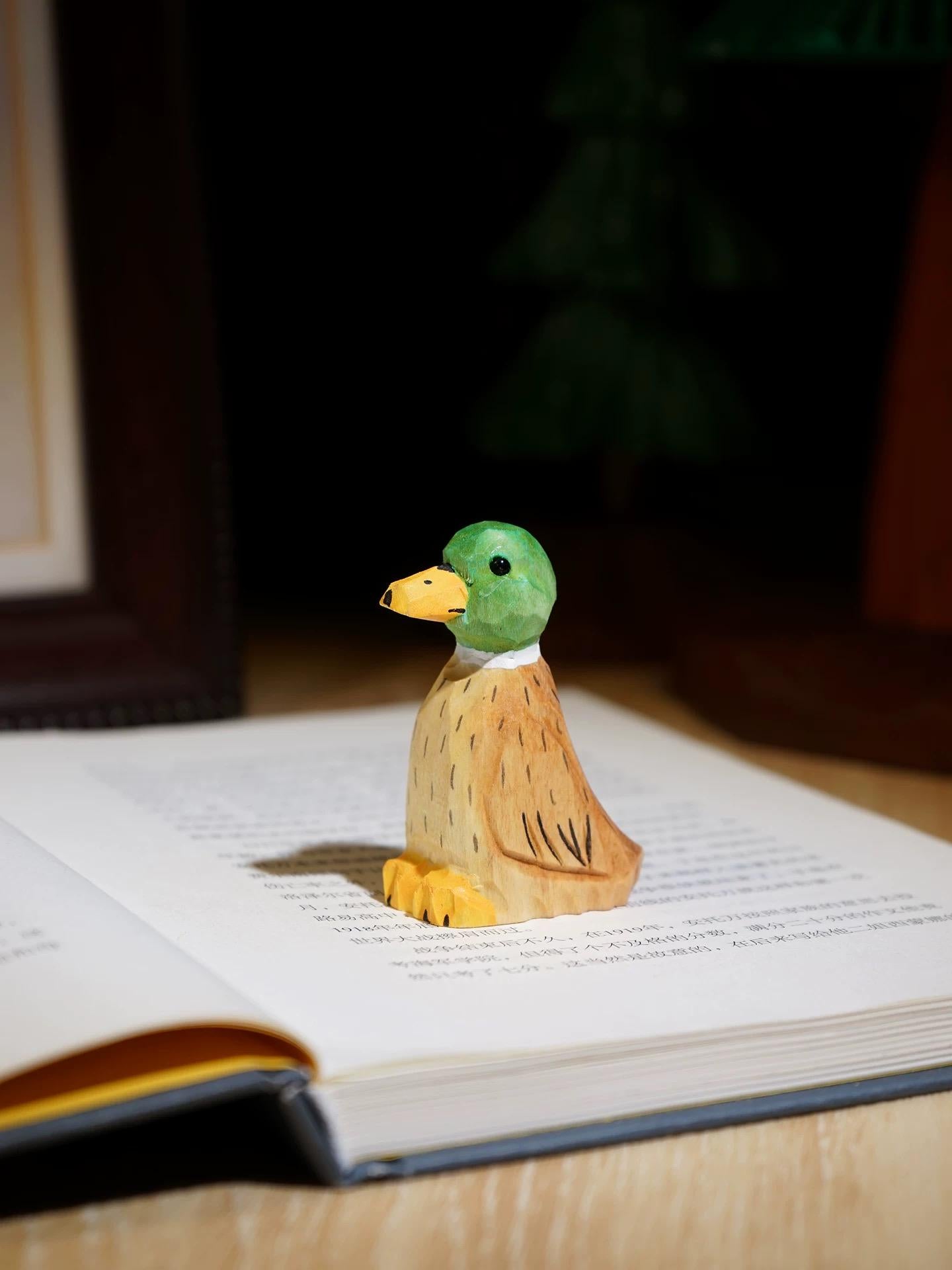 Japanese Style Wooden Duck Figurine, Hand Carved Green Head Duck Ornament, Linden Wood Bird Sculpture, Cute Desk Decor, Lucky Animal Gift