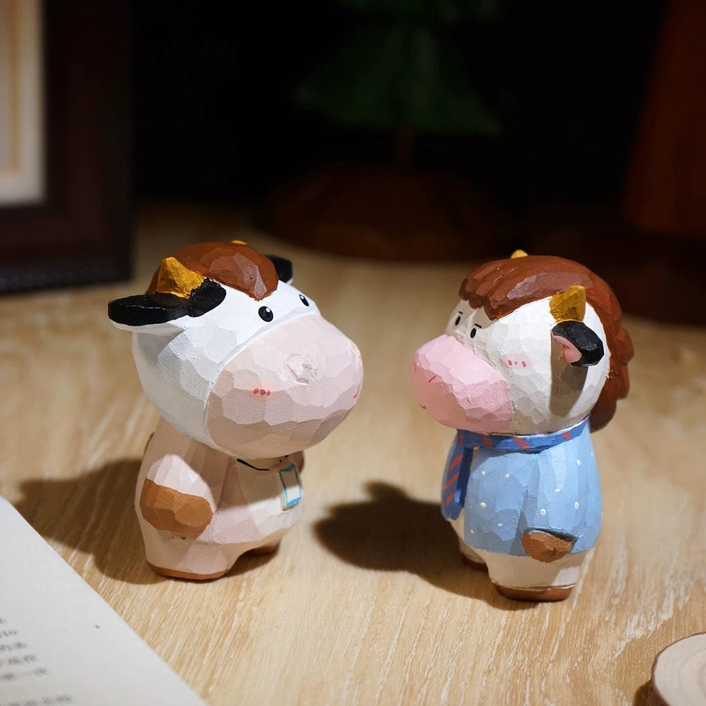Japanese Style Wooden Cow Figurine, Hand Carved Office Cow Desk Decor, Cute Cow Ornament, Linden Wood Animal Sculpture, Funny Cow Gift
