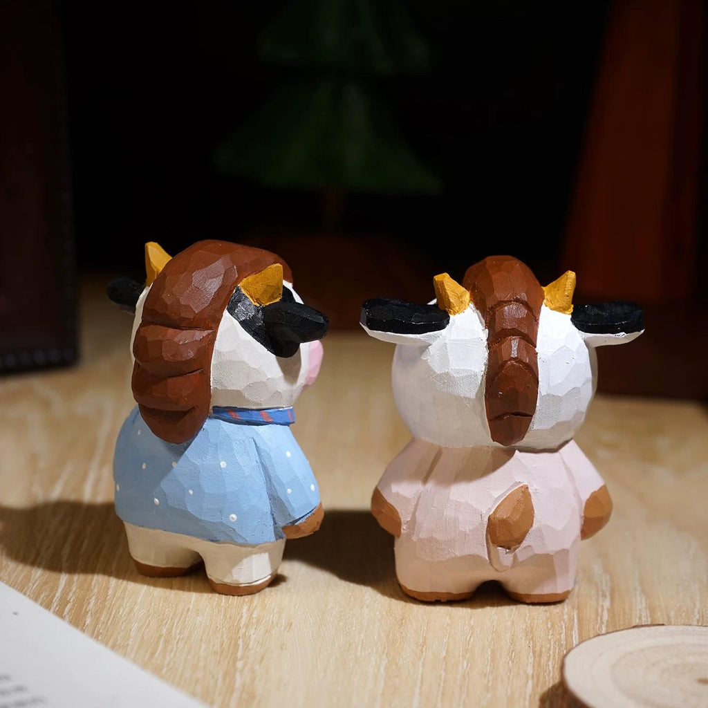 Japanese Style Wooden Cow Figurine, Hand Carved Office Cow Desk Decor, Cute Cow Ornament, Linden Wood Animal Sculpture, Funny Cow Gift