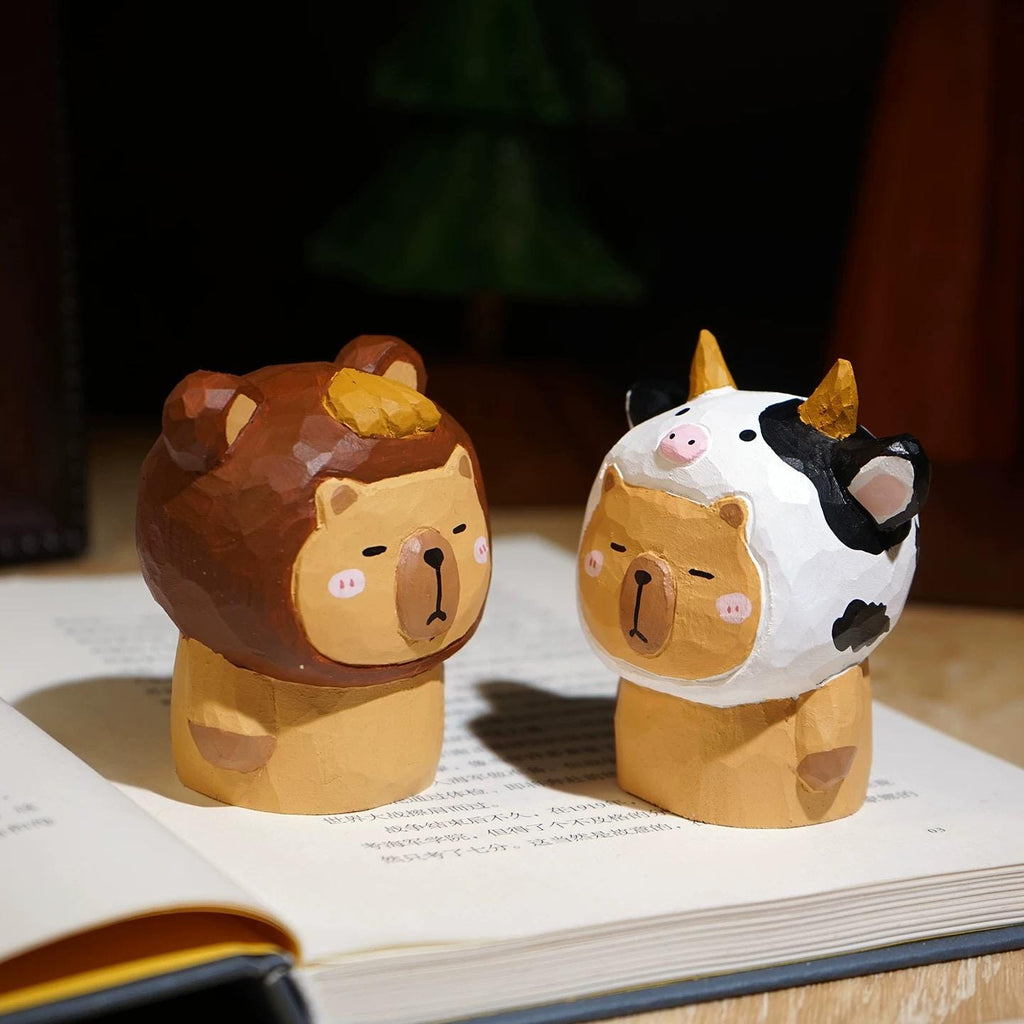 Japanese Style Wooden Capybara Figurine, Hand Carved Funny Animal Desk Decor, Cute Capybara Ornament, Linden Wood Sculpture, Lucky Gift