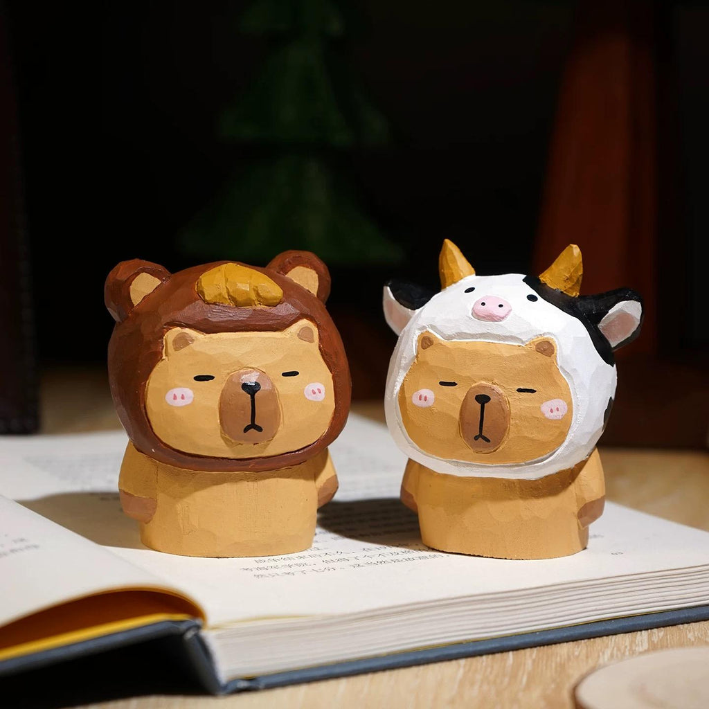 Japanese Style Wooden Capybara Figurine, Hand Carved Funny Animal Desk Decor, Cute Capybara Ornament, Linden Wood Sculpture, Lucky Gift