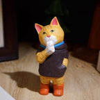 Japanese Style Wooden Cat Figurine, Hand Carved Vintage Cat Desk Decor, Wood Animal Sculpture, Cute Handmade Office Ornament, Lucky Gift
