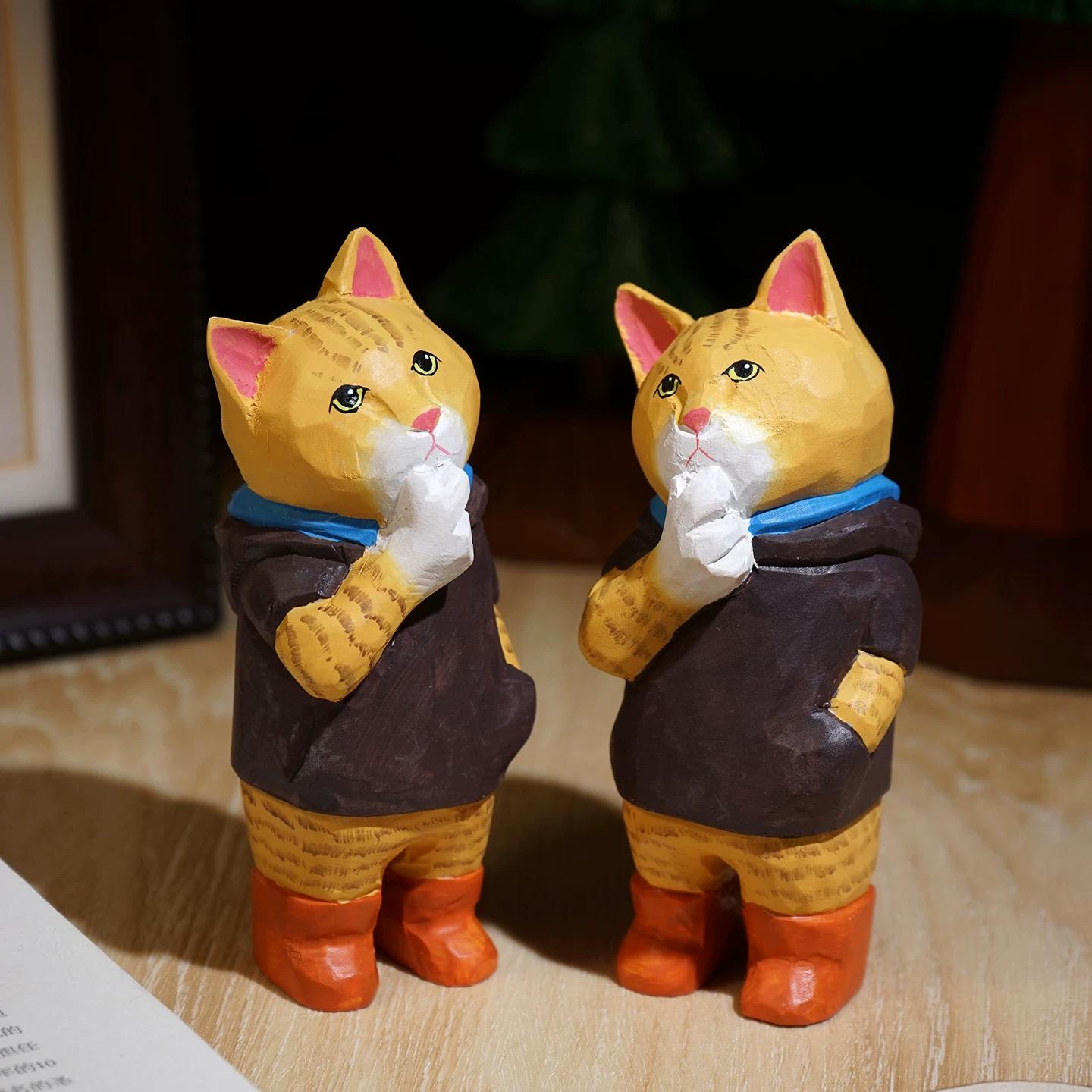 Japanese Style Wooden Cat Figurine, Hand Carved Vintage Cat Desk Decor, Wood Animal Sculpture, Cute Handmade Office Ornament, Lucky Gift