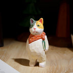 Japanese Style Wooden Book-Holding Cat Figurine, Hand Carved Vintage Cat Desk Decor, Wood Animal Sculpture, Cute Shelf Ornament, Lucky Gift