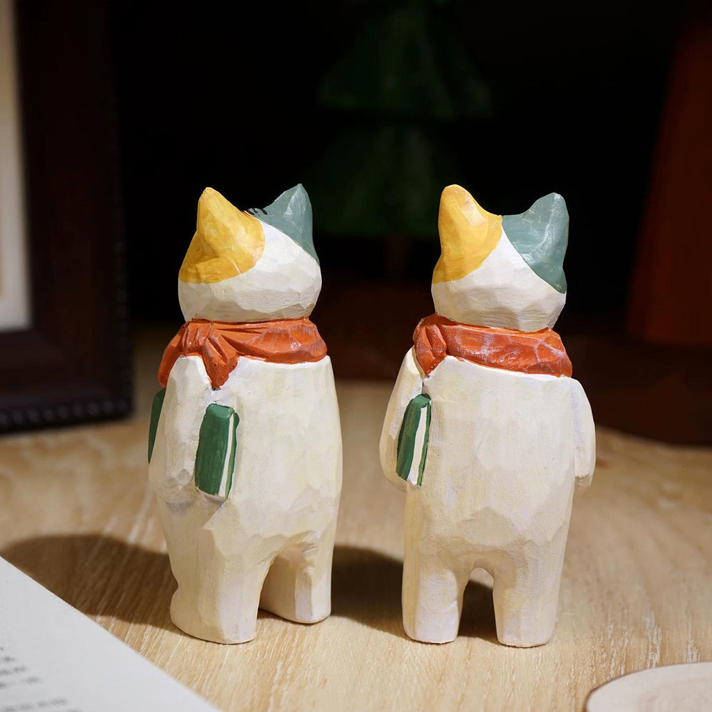 Japanese Style Wooden Book-Holding Cat Figurine, Hand Carved Vintage Cat Desk Decor, Wood Animal Sculpture, Cute Shelf Ornament, Lucky Gift
