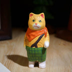 Japanese Style Wooden Ginger Cat Figurine, Hand Carved Vintage Cat Desk Decor, Linden Wood Animal Sculpture, Cute Shelf Ornament, Lucky Gift