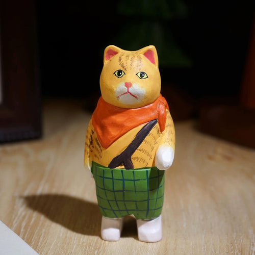 Japanese Style Wooden Ginger Cat Figurine, Hand Carved Vintage Cat Desk Decor, Linden Wood Animal Sculpture, Cute Shelf Ornament, Lucky Gift