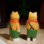 Japanese Style Wooden Ginger Cat Figurine, Hand Carved Vintage Cat Desk Decor, Linden Wood Animal Sculpture, Cute Shelf Ornament, Lucky Gift