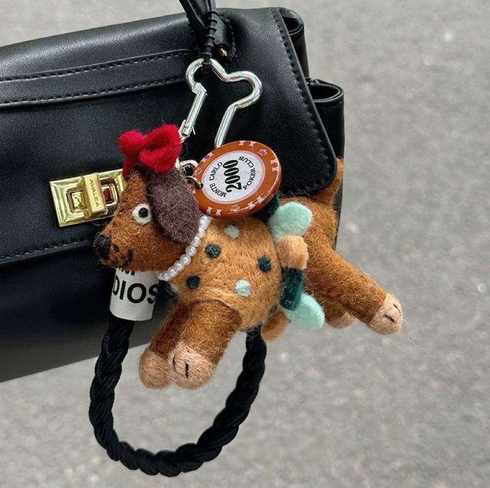 Nepal Handmade Wool Felt Polka Dot Dog Bag Charm, Cute Puppy Keychain Pendant, Animal Hanging Ornament, Backpack Charm, Lucky Gift