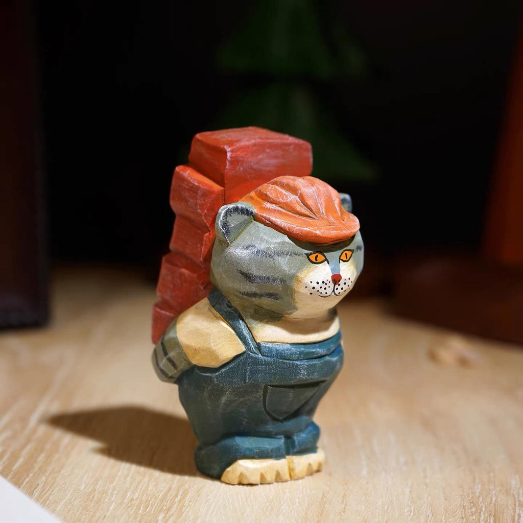 Japanese Style Worker Cat Wood Figurine, Hand Carved Linden Wood Desk Decor, Funny Brick Cat Ornament, Handmade Office Shelf Gift