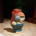 Japanese Style Worker Cat Wood Figurine, Hand Carved Linden Wood Desk Decor, Funny Brick Cat Ornament, Handmade Office Shelf Gift