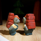Japanese Style Worker Cat Wood Figurine, Hand Carved Linden Wood Desk Decor, Funny Brick Cat Ornament, Handmade Office Shelf Gift