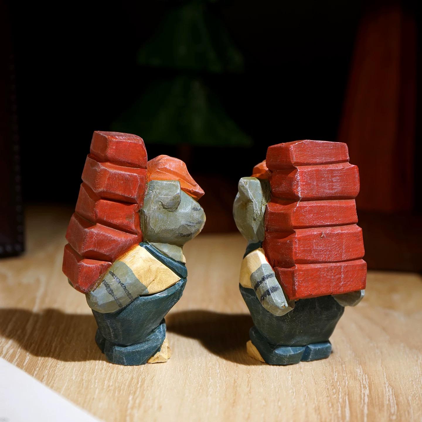 Japanese Style Worker Cat Wood Figurine, Hand Carved Linden Wood Desk Decor, Funny Brick Cat Ornament, Handmade Office Shelf Gift